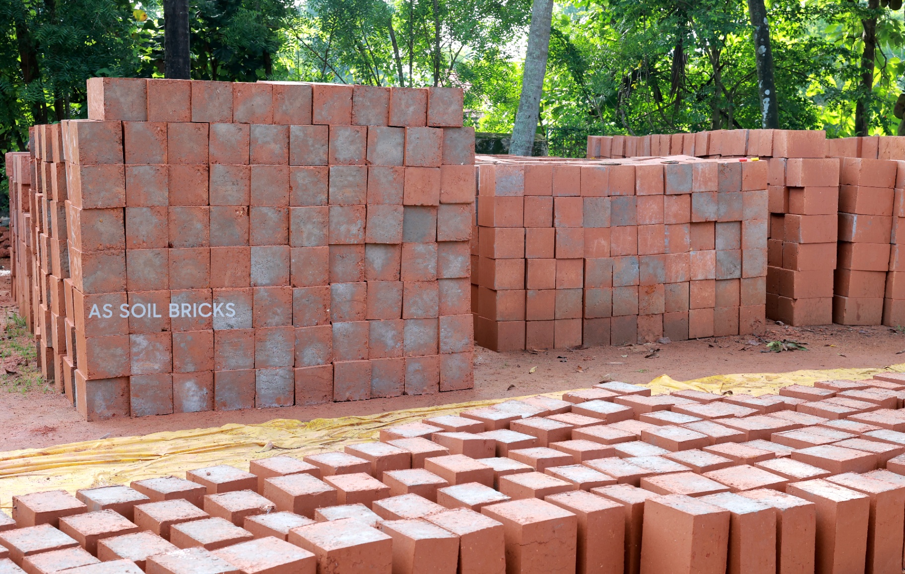 Stacked bricks drying in yard
